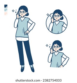 A woman wearing a knit vest with Wearing glasses images.It's vector art so it's easy to edit.