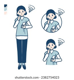A woman wearing a knit vest with Holding a smartphone and troubled images.It's vector art so it's easy to edit.