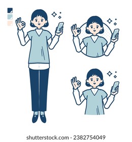 A woman wearing a knit vest with Holding a smartphone and doing an OK sign images.It's vector art so it's easy to edit.