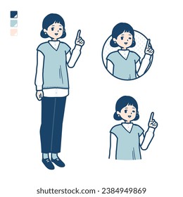 A woman wearing a knit vest with pointing hand sign images.It's vector art so it's easy to edit.