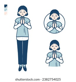 A woman wearing a knit vest with press hands in prayer images.It's vector art so it's easy to edit.