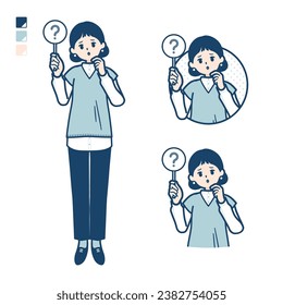 A woman wearing a knit vest with Put out a question panel images.It's vector art so it's easy to edit.