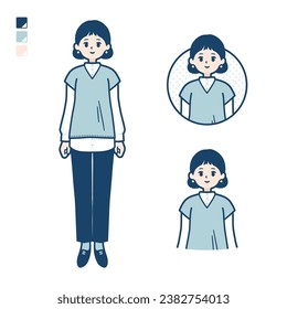 A woman wearing a knit vest with Smiling images.It's vector art so it's easy to edit.