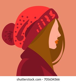 Woman wearing a knitted hat with a pom pom. Fall or winter season head accessory. Vector illustration eps 10