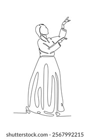 Woman wearing korean hanbok dress in continuous one line drawing. Single line art draw of young Korean woman wearing hanbok . Editable vector.