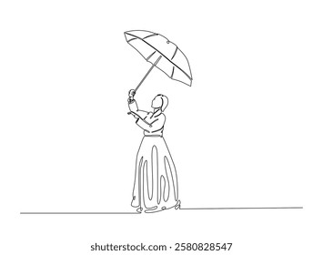 Woman wearing korean hanbok dress holds umbrella in continuous one line drawing. Single line art draw of young Korean woman wearing hanbok . Editable vector.