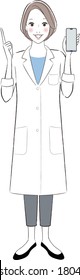 woman wearing a lab coat smiling showing a cellphone