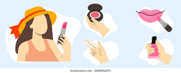 Woman wearing lipstick and straw hat showing how to apply face powder, cream and perfume. 