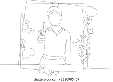 A woman wearing a long shirt in a forefinger pose. Floral frame one line drawing