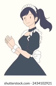 Woman wearing maid costume for cosplay event, working at maid cafe, clapping and applauding hands. Hand drawn flat cartoon character vector illustration.