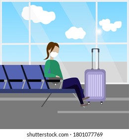 Woman wearing a mask in the airport to fight against coronavirus, COVID-19 illustration
