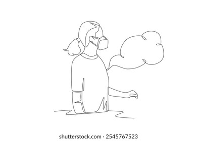 Woman wearing a mask amidst air pollution. Air pollution concept one-line drawing