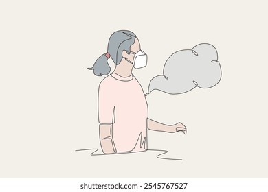 Woman wearing a mask amidst air pollution. Air pollution concept one-line drawing