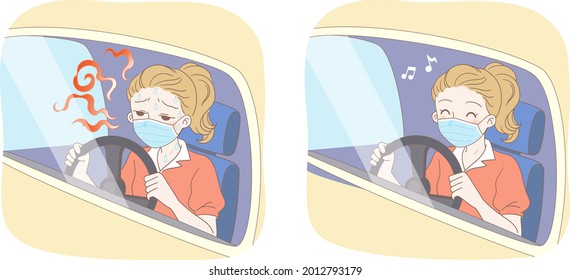 A Woman Wearing A Mask Driving, The Contrast Between Discomfort And Comfort