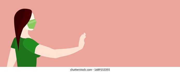 Woman wearing a mask with her hand out in a stop gesture to stop the spread of COVID-19 coronavirus disease concept vector