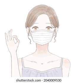 Woman wearing mask and inging OK sign. On a white background.