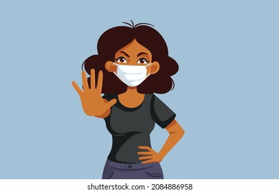 Woman Wearing a Mask Making Stop Hand Gesture Vector Illustration. Young person suffering post quarantine social anxiety demanding distance feeling fearful
