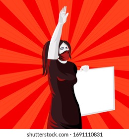 Woman wearing mask raised hand on demonstration vector illustration. Female rebel in black mask holding banner.