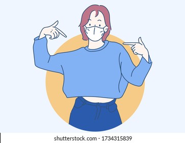 Woman wearing a mask, she looking confident and pointing oneself with fingers proud and happy. Hand drawn in thin line style, vector illustrations. (A Mask can be removable)