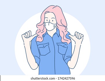 Woman wearing a mask, she looking confident and pointing oneself with fingers proud and happy. Hand drawn in thin line style, vector illustrations. (A Mask can be removable)