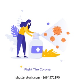 Woman wearing mask using disinfectant spray or sanitizer against COVID-19 viral infection. Concept of fighting Coronavirus or infectious disease spread, disinfection. Modern flat vector illustration.
