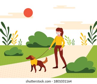 A woman wearing a mask and walking with a dog. Corona virus prevention concept illustration.