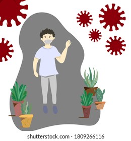a woman wearing a mask when corona-virus spreading time and walking through the trees.