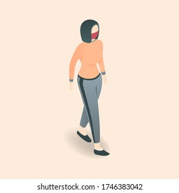 Woman wearing mask while walking is new normal and new fashion. Vector illustration of a dark hair woman, wearing red mask, orange apricot shirt, and grey legging.