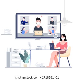 Woman Wearing Mask Work At Home Teleconference Through Big Digital Screen For Business Meeting With Group Of Five Co-workers. Flat Design Abstract People Vector EPS10.