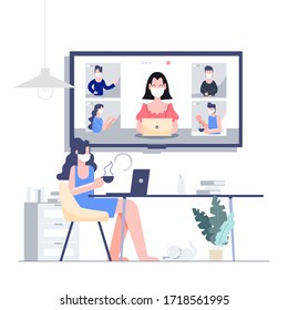 Woman Wearing Mask Work At Home Teleconference Through Big Digital Screen For Business Meeting With Group Of Five Co-workers. Flat Design Abstract People Vector EPS10.