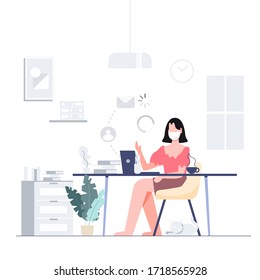 Woman Wearing Mask Work At Home Teleconference For Business Meeting. Covid-19 Coronavirus Outbreak Concept. Flat Design Abstract People Vector EPS10.