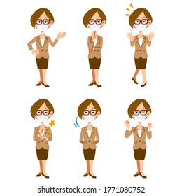 A woman wearing a mask and working in the office, 6 different gestures and expressions