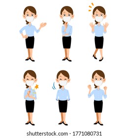 A woman wearing a mask and working in the summer office, 6 different gestures and expressions