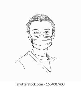 Woman wearing medical face mask, Hand drawn linear portrait, Vector sketch