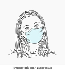 Woman wearing medical face mask, Hand drawn portrait, Vector sketch