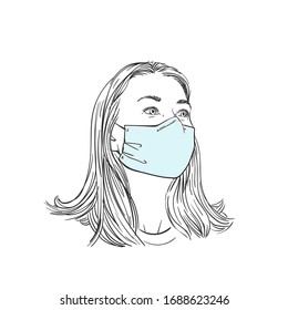 Woman wearing medical face mask and looking sideways, Hand drawn portrait, Vector sketch