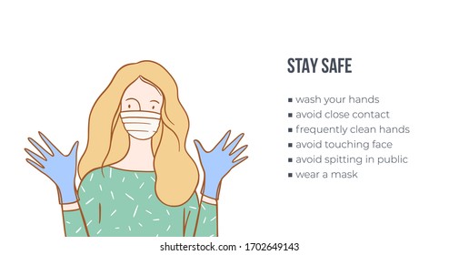 Woman wearing medical face mask and gloves, vector illustration.