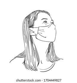 Woman wearing medical face mask and looking sideways up, Hand drawn portrait, Vector sketch