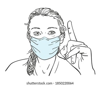 Woman wearing medical face mask and showing Okay gesture and pointing finger up, Hand drawn female portrait line art illustration, Vector sketch, Coronavirus protection