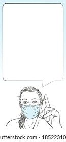 Woman wearing medical face mask and pointing finger up, Vector sketch, Coronavirus protection template for information banner with speech bubble, Hand drawn illustration