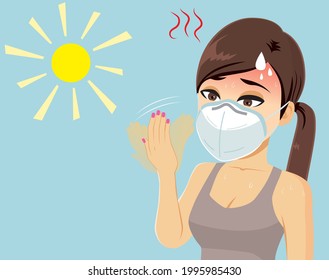 Woman wearing medical face mask in summer sweating with symptoms of heat stroke