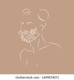 Woman wearing medical mask. Air pollution.  Coronavirus in Asia. Covid-19. Female Abstract face with flowers by line vector drawing. Fashion print. Vector illustration. Minimalist print