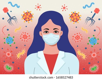 Woman wearing a medical mask. Background with infection bacteria and pandemic virus. Corona Virus 2020. Vector illustration.