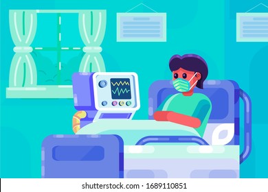 A woman wearing a medical mask being treated in a hospital because of coronavirus / Covid-19 and having her heart beat monitored while looking out to the window.
