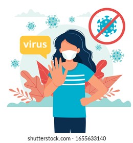 Woman wearing a medical mask. Coronavirus  quarantine, respiratory virus concept, Vector illustration in flat style