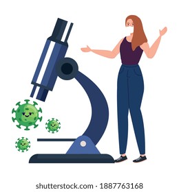 woman wearing medical mask and covid19 particles characters with microscope vector illustration design