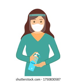 Woman wearing medical mask and face shield. She use alcohol hand gel to clean hands and prevent Covid19 coronavirus disease and germs. Health care concept vector illustration.