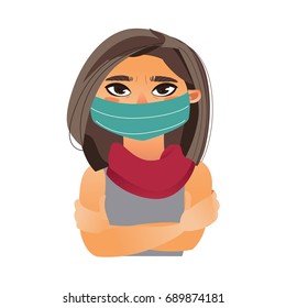 Woman wearing medical mask, half length front view portrait, cartoon vector illustration isolated on white background. Half length portrait of girl, woman wearing medical face mask