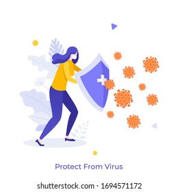 Woman wearing medical mask holding shield and protecting himself against virus. Concept of personal protection against Coronavirus disease or COVID-19 viral infection. Modern flat vector illustration.