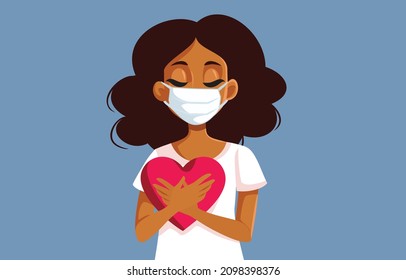 Woman Wearing a Medical Mask Holding a Heart Vector Illustration. Girl in love suffering during pandemic from loneliness and anxiety
